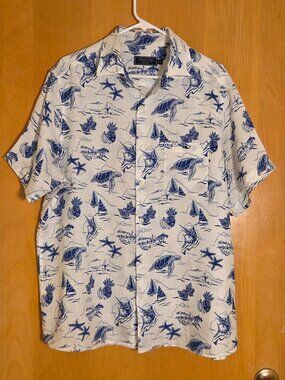 Vineyard Vines 100% Linen S/S Button Up Shirt Mens L White Blue AOP Resort Coast